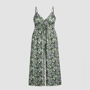 Adorable and comfy wide-leg floral jumpsuit with shirred back.